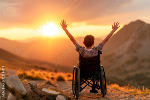 Back view of boy with raised hands up sitting on a wheelchair and enjoying sunset with mountains in the background