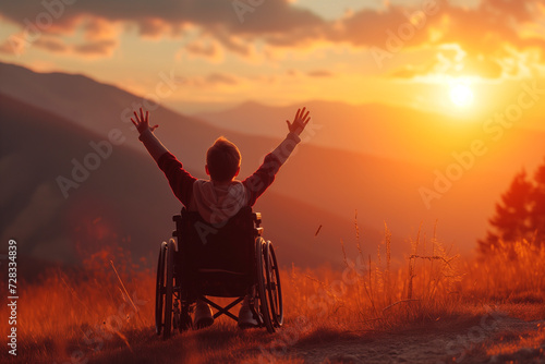 Back view of boy with raised hands up sitting on a wheelchair and enjoying sunset with mountains in the background