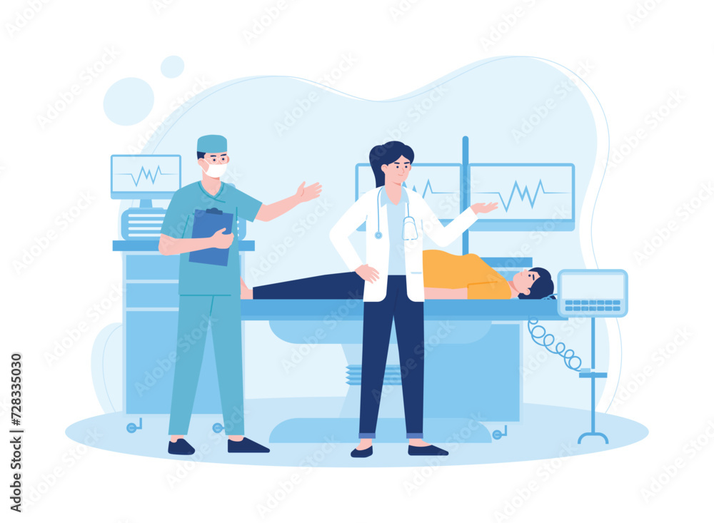 doctor and nurse showing patient infographic concept flat illustration - obrazy, fototapety, plakaty 