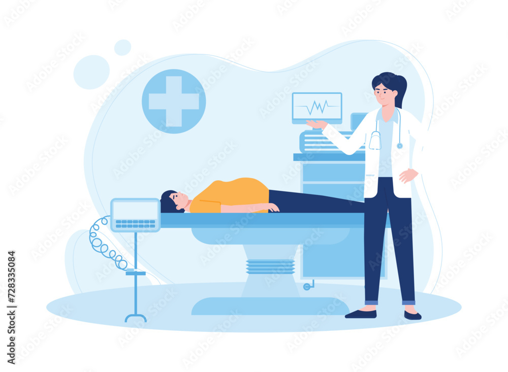 woman lying in hospital bed and doctor examining. patient consultation concept flat illustration woman lying in hospital bed and doctor examining. patient consultation concept flat illustration