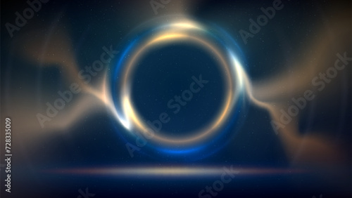 Stage with golden blue circular lighting background. Shining light ring. Glowing gold circle. Stage backdrop. Background for displaying products. Glittering golden particles. Vector illustration