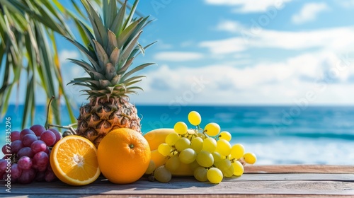 Summer concept fresh fruits on the beach.