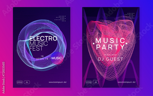 Sound flyer. Commercial discotheque banner set. Dynamic fluid shape and line. Neon sound flyer. Electro dance music. Electronic fest event. Club dj poster. Techno trance party.