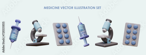 3D syringe with liquid, microscope, blister with blue round pills