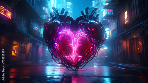 Cyberpunk Retro Futuristic Heart. Blurred background with neon lights. Suitable for Valentine's Day romantic designs.