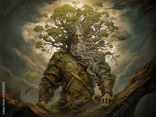 An artist's evocative rendering unveils Yggdrasill, the ancient tree-man, shrouded in mystery, embodying the spirit of the mythic cosmic tree from Norse mythology. photo
