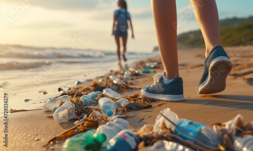 Plastic Waste Pollution on Beach Clean Up Concept