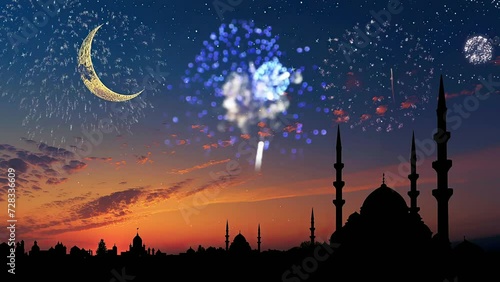 Wallpaper Mural Silhouette of a mosque against the background of the night sky with fireworks, seamless looping time-lapse virtual video animation background. Torontodigital.ca