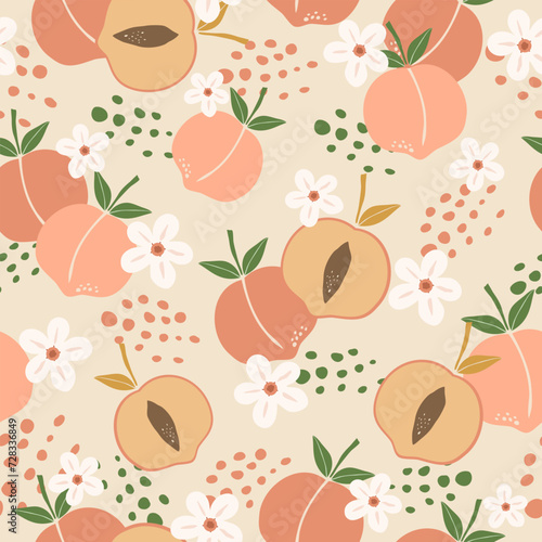 Wallpaper Mural seamless pattern with peach hand drawn summer fruit in modern vector illustration design for Textiles, printed materials, fabric, carpets, book covers, backgrounds, wallpaper Torontodigital.ca