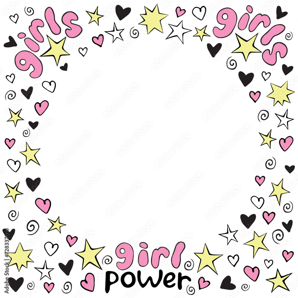 Frame, border of Girl power theme with lettering, bright elements. Cute background, texture