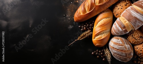 Assortment of freshly baked bakery products on blackboard with copy space, top view