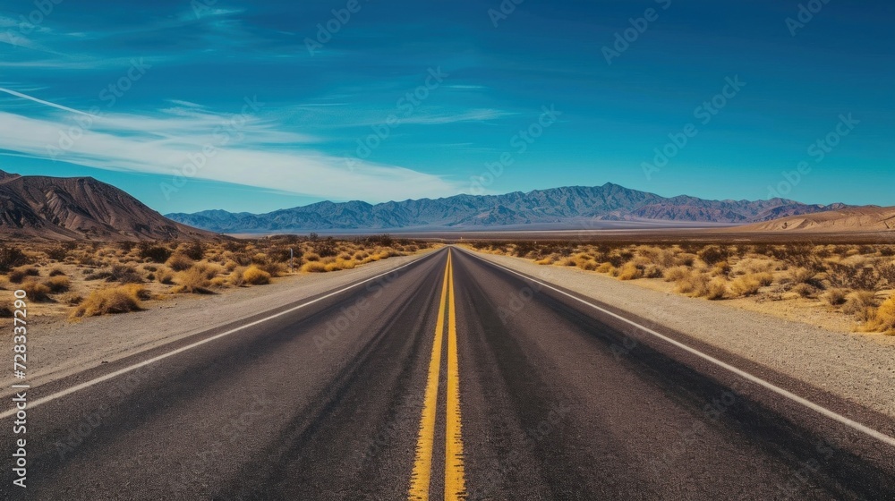 State Route 190 crossing Panamint Valley in Death Valley National Park, California, United States. Empty desert road in Death Valley