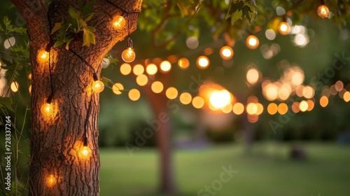 Elegant outdoor party string lights hanging in backyard against a beautiful bokeh background photo