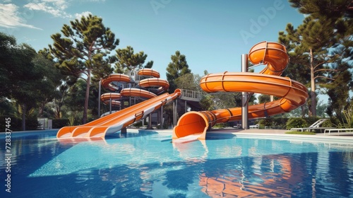 Water slides and swimming pool in aqua park. Amusement park on tourist resort