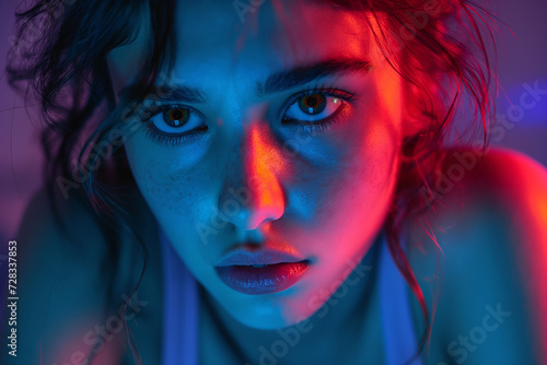 Intense Portrait of a Woman in Blue and Red Lighting