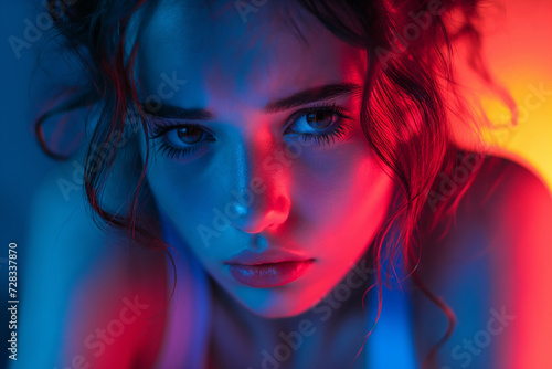 Intense Portrait of a Woman in Blue and Red Lighting