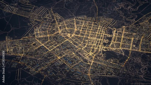 Aerial view of a city with night lighting, a virtual map with transport traffic on a city roads, Yoshkar-Ola, Volga region, computer graphic, digitally generated video photo