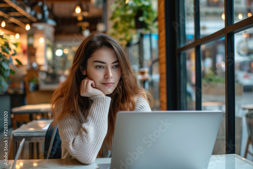 Attractive young woman working and typing on laptop in coworking space. Modern student and freelancer. Close up
