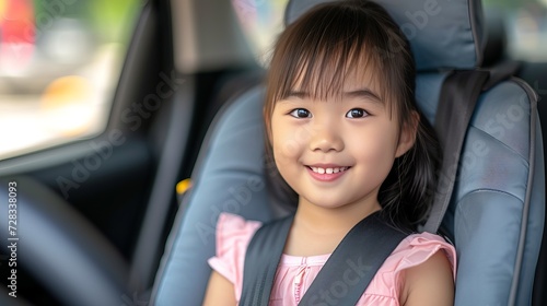 Happy young girl sitting in car safety seat, traveling safely and securely concept