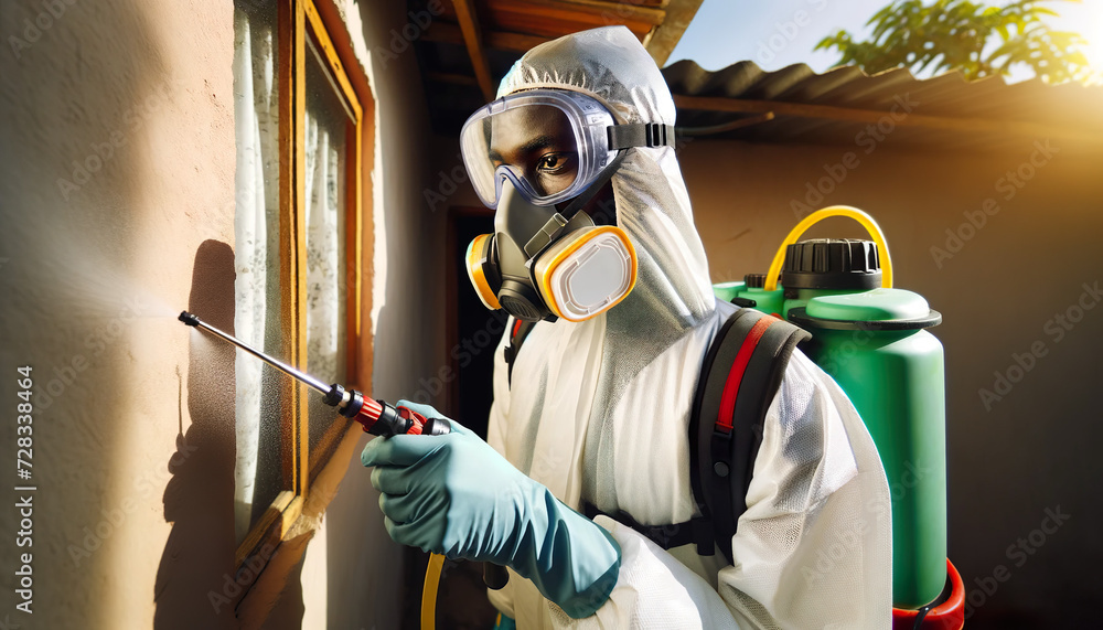A pest control operator wearing full PPE in Africa spraying the walls of houses as part of a treatment against mosquitoes.This will kill mosquitoes that come in contact with the treated surfaces