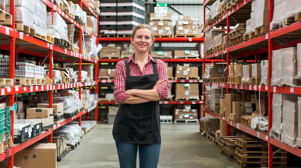 Confident female worker in well lit warehouse surrounded by shelves filled with products