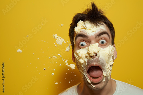 Pie in the Face Surprise: Candid Moment Capturing a Man with a Playful Pie Smash, Against a Vibrant Yellow Background, Eliciting Laughter. Place for Text