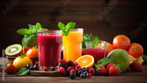 Colorful fresh juices or smoothies from fruits and berries. Glasses with healthy beverages promise wholesome flavor for vegetarian meal