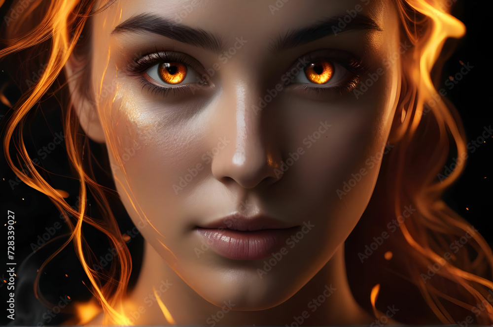 portrait of a woman with fire splashes and fire eyes portrait of a woman with fire splashes and fire eyes