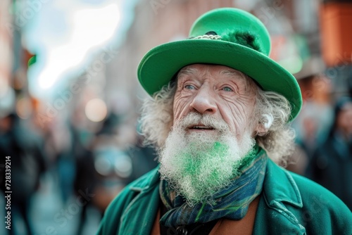 Gray-haired Irishman in festive hat celebrating St. Patrick's Day on street. Outdoors