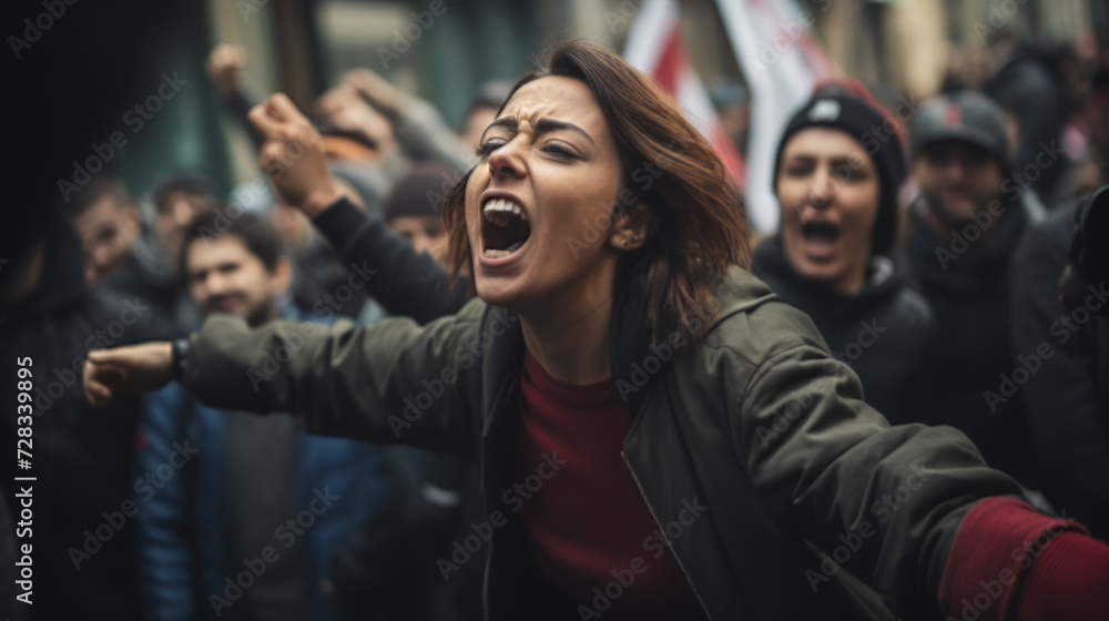 A young woman shouts a cry against the backdrop of a crowd of people A young woman shouts a cry against the backdrop of a crowd of people