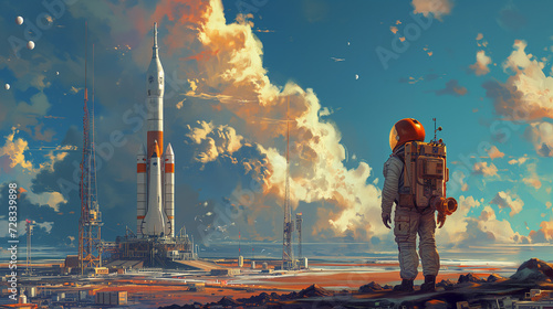 an illustration of an astronaut on the background of a rocket