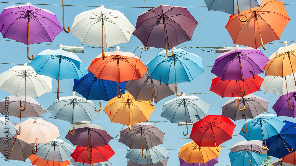 Multicolored umbrellas hanging above street in Antalya in sunny day and blue sky. Turkey (Turkiye)