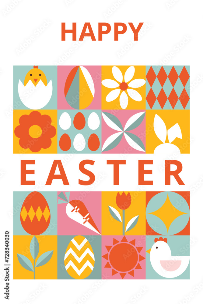 Geometric greeting card for Happy Easter with typography. Modern design with simple shapes. Icons with eggs, bunny, flowers, chicken. Template for card, poster, flyer, banner, cover