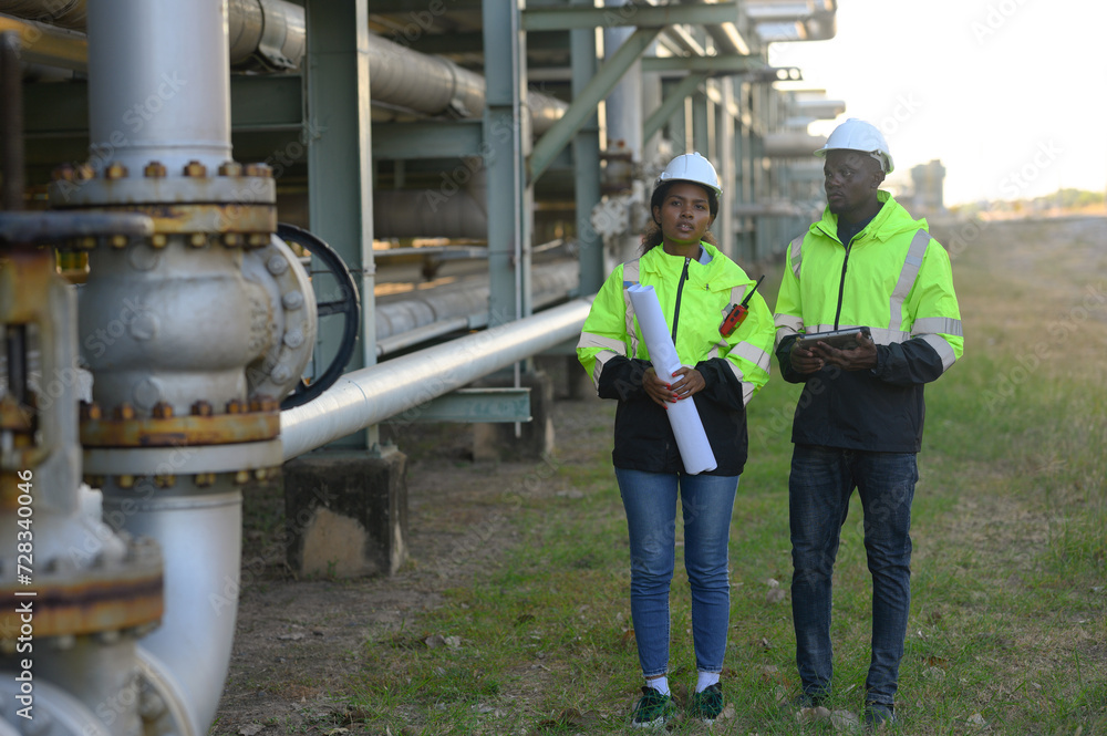 Male and female engineers check the drawing system inspection with the real pipe system of the new construction project, engine engineer, Sysetm cooling machine, compared to drawing design.