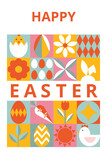 Geometric greeting card for Happy Easter with typography. Modern design with simple shapes. Icons with eggs, bunny, flowers, chicken. Template for card, poster, flyer, banner, cover