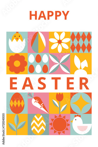 Geometric greeting card for Happy Easter with typography. Modern design with simple shapes. Icons with eggs  bunny  flowers  chicken. Template for card  poster  flyer  banner  cover