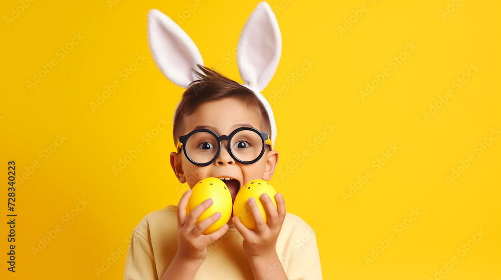 funny happy child boy with easter eggs and bunny ears on yellow background  - obrazy, fototapety, plakaty 