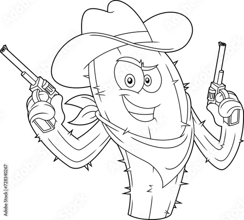 Outlined Cactus Cowboy Cartoon Character Holding Two Guns. Vector Hand Drawn Illustration Isolated On Transparent Background