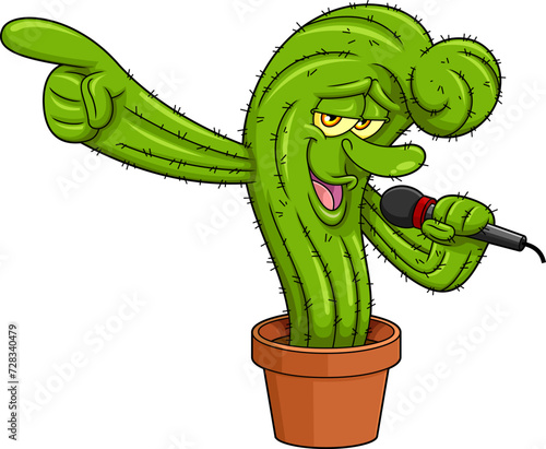 Funny Cactus Cartoon Character In Pot Singing Into A Microphone. Vector Hand Drawn Illustration Isolated On Transparent Background