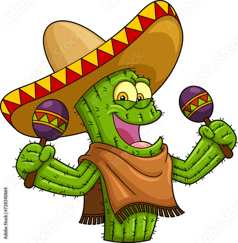 Happy Mexican Cactus Cartoon Character Shaking Maracas. Vector Hand Drawn Illustration Isolated On Transparent Background