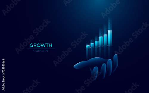 Abstract digital hand holding light blue growth up graph chart hologram. Investment and stock market. Business financial concept. Technology futuristic economy vector illustration on dark background.