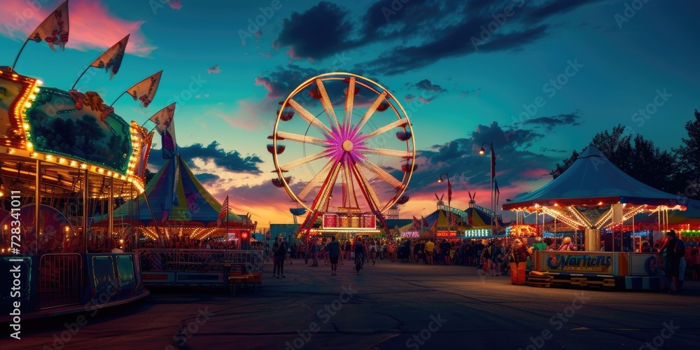 A lively carnival at dusk, Ferris wheel lights against the twilight sky, happy faces of families enjoying rides and games. Resplendent. - obrazy, fototapety, plakaty 