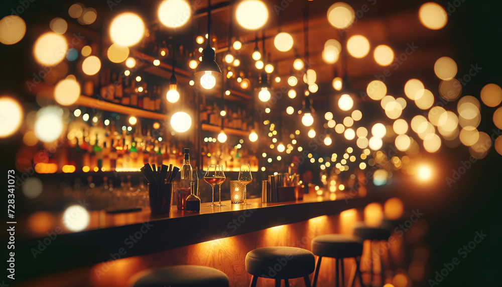 Blurry bar counter with radiant bokeh spheres.
Generative AI.