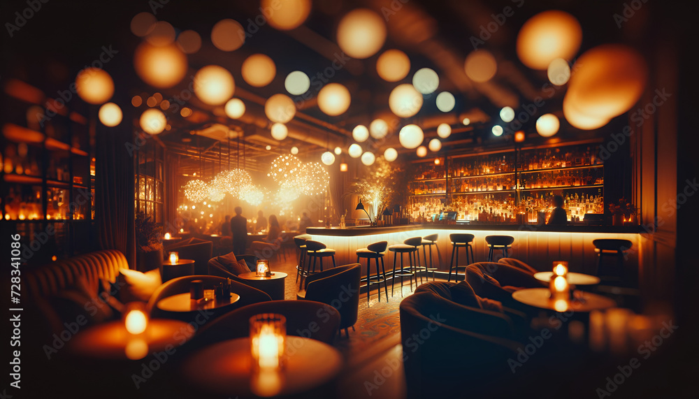 Golden bokeh lights in a cozy bar backdrop.
Generative AI.