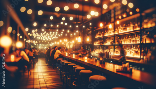 Modern bar blur with dazzling light bokeh. Generative AI.