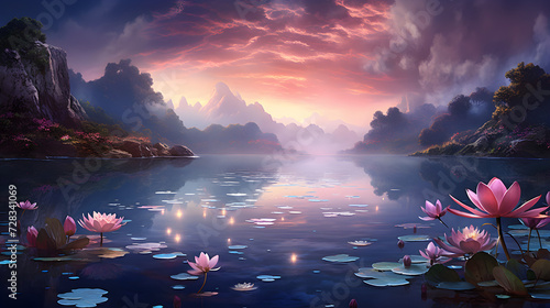 AI Generated. AI Generative. Chill relax inner peace calm nature outdoor landscape background. Mountains river lake tree moon landmark view. Graphic Art Pro Photo,, A lake with pink water lilies and 