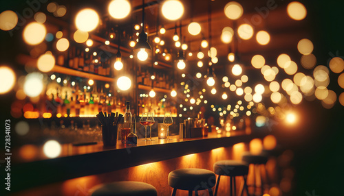 Blurry bar counter with radiant bokeh spheres.
Generative AI.