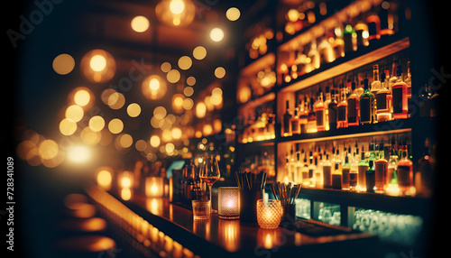 Golden bokeh lights in a cozy bar backdrop. Generative AI.