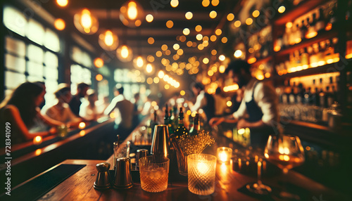 Softly blurred bar scene with ambient bokeh lights.
Generative AI.