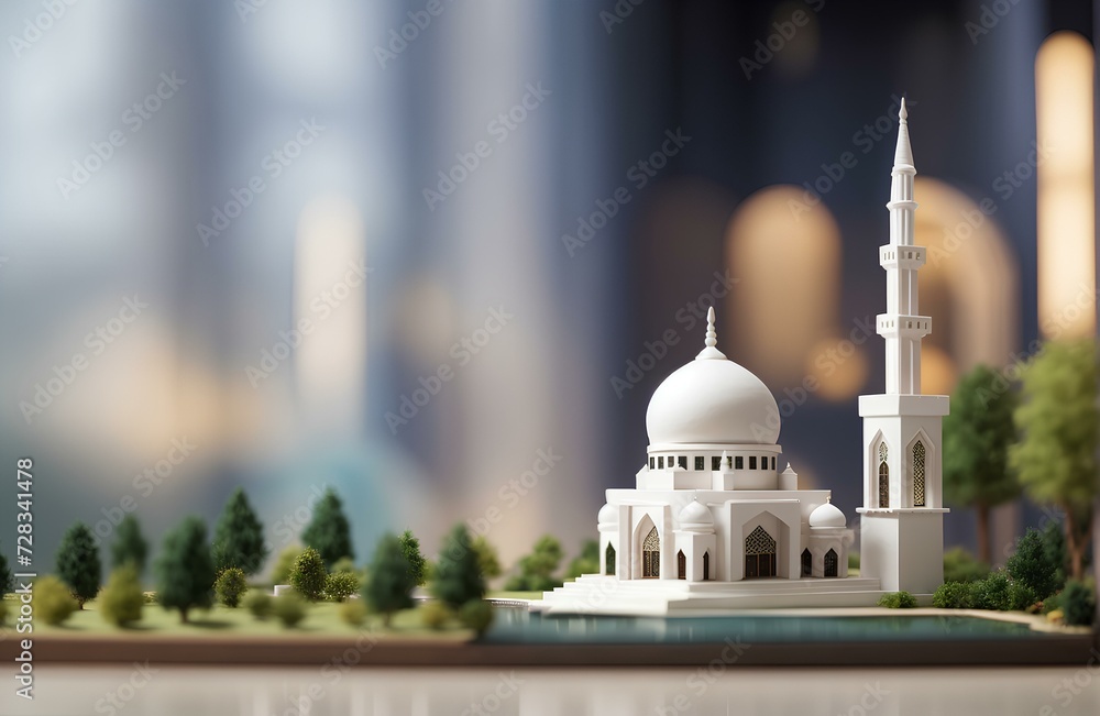 Naklejka premium miniature white mosque with green trees and bokeh background